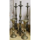 A set of 3 Victorian brass candlesticks & a pair of gilt metal pricket candlesticks