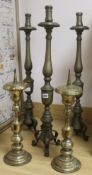 A set of 3 Victorian brass candlesticks & a pair of gilt metal pricket candlesticks