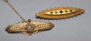 Two late Victorian 15ct gold and gem set bar brooches.