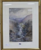 Grace Hastie, pair of watercolours, anglers in a valley and fishing village, 36 x 26cm