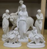 Three neoclassical Parian figures and 3 biscuit figures