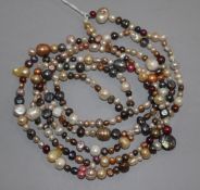A single strand multi coloured cultured pearl necklace, 158cm.