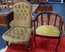 A Victorian buttoned nursing chair and an Edwardian inlaid mahogany tub shaped chair