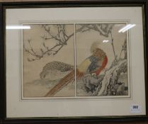 Japanese School, woodblock diptych, pheasants, 31 x 45cm