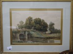 Edward Duncan (1808-1882), watercolour, cattle drover crossing a bridge, signed, 35 x 52cm