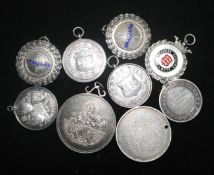 Nine assorted mainly early 20th century silver medallions.