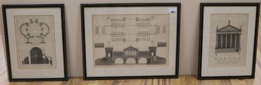 Three 18th century architectural engravings, largest 33 x 47cm