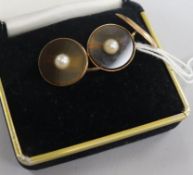 A pair of yellow metal, banded agate and split pearl set circular cufflinks.