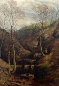 John Holland Senior (1829-1886)oil on canvasWoodland waterfalls 'Nul Cleven ... Bridge'signed and