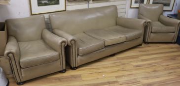 A 1950's leather 3-piece suite, Sofa W.180cm