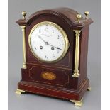 An Edwardian Mappin & Webb brass mounted mahogany mantel clock, with enamelled Roman dial and S.