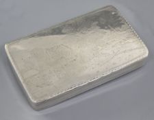 A 19th century continental engraved silver shallow box, engraved with farm scene with distant