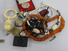 Two Edwardian gold brooches, a quantity of costume jewellery and other items including ivory