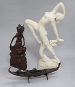 An Alabaster figure, a carved figure and a bronze boat