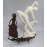 An Alabaster figure, a carved figure and a bronze boat
