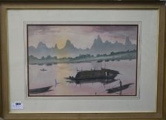 Geoffrey Knight, watercolour, Dawn, River Li, China, 31 x 47cm