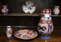 An Imari lamp base and five other pieces