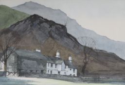 David Green, watercolour, Fell Foot Farm, Langdale, signed, 26 x 35cm