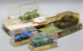 Dinky Toys models - UFO interceptor 351, Leopard Tank 692, Dino Ferrari 216, Ford GT 215, all