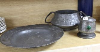 A Kayserzin dish, an Osiris rose bowl and an Art Nouveau pewter and enamel jar and cover