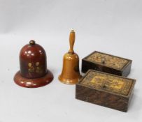 Two Tunbridgeware boxes, a Mauchlineware "bell" and a lacquer string box