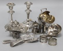 A small collection of plated items, including a Victorian wheelbarrow cruet set, a pair of