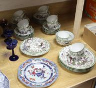 A blue and white part dinner service, a tea set, a Chinese export plate and various glasses