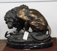 After Antoine Louis Barye (1796-1875), Lion and serpent, bronze on marble base