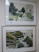 Jeremy King, two colour prints, farm scene and a coastal scene, largest 56 x 77cm