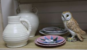 A Beswick large owl, a Brannam Arts & Crafts cream-glazed pottery two-handled vase and sundries,