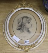 Emily Barnard (fl.1881-1901), pencil, portrait of "Nina", signed and dated 1887, gilt framed to