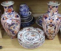 A pair of Imari vases, blue and white pottery and ironstone wares