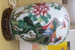 A Chinese famille rose 'phoenix and rocks' jar and cover, early 20th century, converted to a lamp