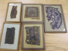 Five framed South American textile fragments
