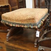 A Victorian rosewood 'X' shaped stool, with old tapestry upholstered top, W.52cm