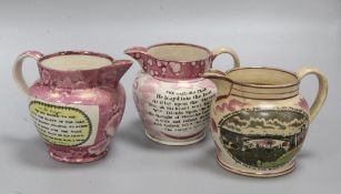 Three Sunderland pearlware pink lustre jugs