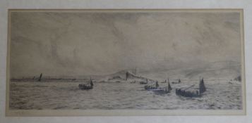 W.L. Wyllie etching, coastal scene, 18 x 39cm