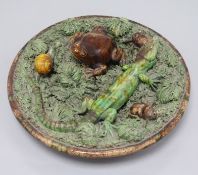 A Majolica palissy frog and lizard plaque