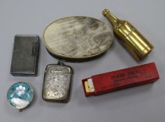 A collection of curios including novelty brass inkwell, Dupong lighter, snuff box, etc.