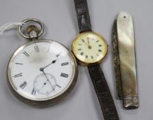 A silver pocket watch, a 9ct gold wrist watch and a George IV silver fruit knife.