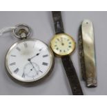 A silver pocket watch, a 9ct gold wrist watch and a George IV silver fruit knife.