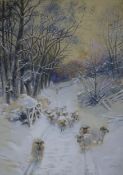A. Smys after Joseph Farquaharson?, watercolour, winter scene with sheep on a track, signed and