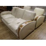 A three piece leather Art Deco suite, Sofa W.183cm