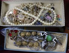 A mother of pearl inlaid box of mixed costume jewellery, coins, etc.