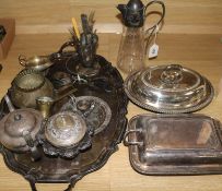 A group of plated wares including a claret jug and a two handled tray