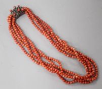 A five strand coral bead necklace with white metal and coral bead set clasp, 44cm.