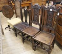 Four various chairs and a small tripod table, W.51cm