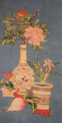 Two Chinese hard painted scrolls: cranes and potted flowers