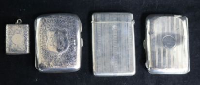 An Edwardian silver card case, two silver cigarette cases and a silver vesta case.