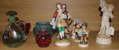 A pair of Continental porcelain costume figures, Gallant and Companion and five other figures,